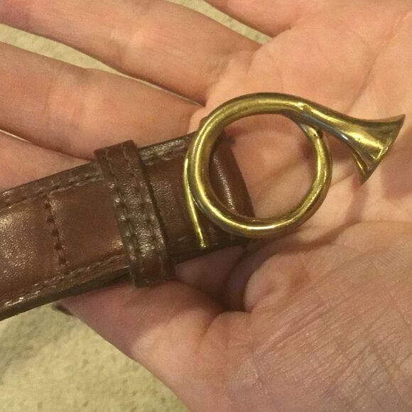 Trafalgar Vintage Brown leather Brass Bugle Buckle Belt Size 28 Small - Picture 2 of 4